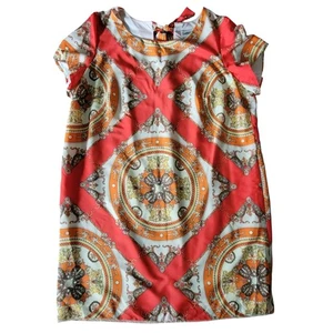 Danny & Nicole Orange Cream Baroque Print Shift Dress 22W Short Sleeve Bow Back - Picture 1 of 15