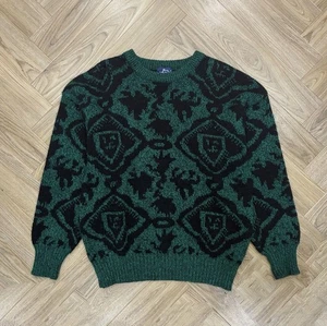 Woolrich Vintage Abstract Pattern Green And Black Wool Knit Sweatshirt Men’s XL - Picture 1 of 8