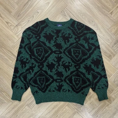 Woolrich Vintage Abstract Pattern Green And Black Wool Knit Sweatshirt Men’s XL - Image 1 of 4