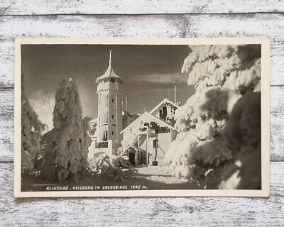 AK Klinovec Keilberg Erzgebirge Aussichtsturm Winter Postkarte Stempel Hotel alt - Bild 1 von 2