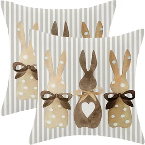 Easter Pillow Covers 18X18 Inch Set of 2 for Vintage Grey Stripes Bunny Decor Th - Picture 1 of 12