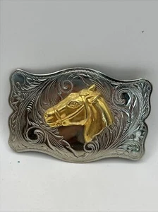 Vtg Women’s Belt Buckle Western Nickel Silver Slim Cowboy Horse Head Equestrian - Picture 1 of 8