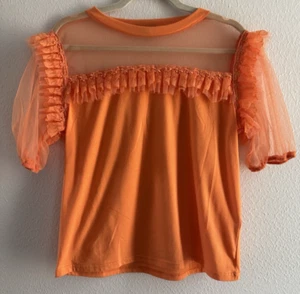 Women's top Orange Mesh Lace Short Sleeve Sheer Women's Medium summer top - Picture 1 of 9