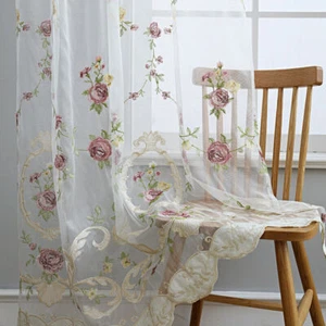 Vintage Embroidered Floral Sheer Voile Tulle Window Curtain Panel Drapes Bedroom - Picture 1 of 9