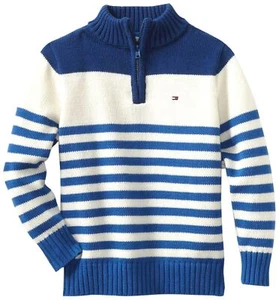 New Tommy Hilfiger Boys 1/4 Zip Blue/White Striped Pullover Sweater Long Sleeves - Picture 1 of 7