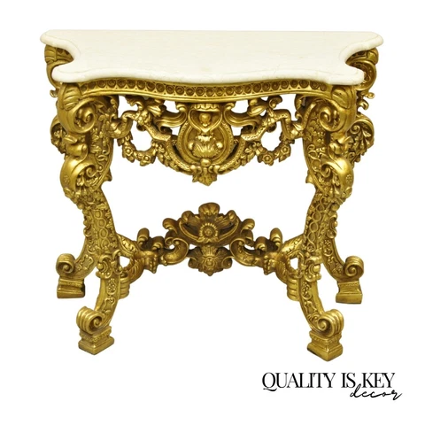 French Rococo Baroque Style Gold Travertine Marble Top Console Hall Table Cover