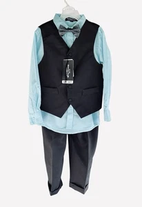 Sahara Club Boys 4 Piece Black Vest Suit Set Blue Shirt Bow Tie Size 6 NWT - Picture 1 of 4