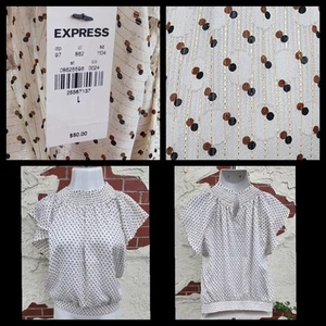 $50 New LARGE women EXPRESS smocked neck flutter short sleeve print blouse shirt - Picture 1 of 19