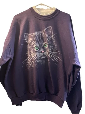Vintage Oversized X-Large Cat Sweatshirt 80s Purple . Sparkle Eyes Morning Sun - Image 1 of 4