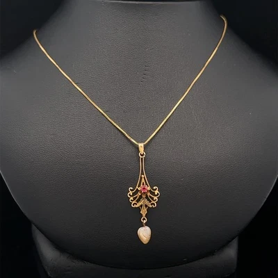 Antique Art Nouveau 10k Yellow Gold Ruby Baroque Pearl Lavalier Pendant Necklace - Image 1 of 4