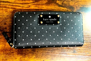 Kate Spade New York Polka Dot Zip Around Wallet Black and White Fabric Lined - Picture 1 of 12