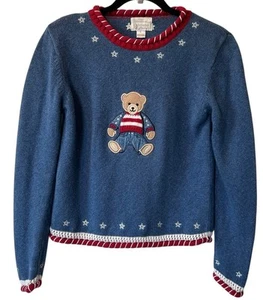 Vintage Christopher & Banks patriotischer Teddybär Pullover handbestickt Small - Bild 1 von 10