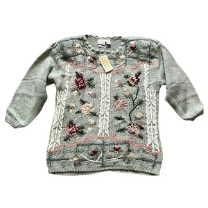 Suéter Vintage Floral Tejido a Mano Verde Salvia L Cottagecore Estilo Coqueta - Imagen 1 de 8