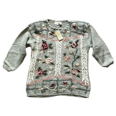 Suéter Vintage Floral Tejido a Mano Verde Salvia L Cottagecore Estilo Coqueta Foto 1 de 4