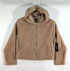 Bebe Sherpa Fleece Full Zip Brown Jacket Hoodie Women's Large Logo Pockets NWT - Picture 1 of 19