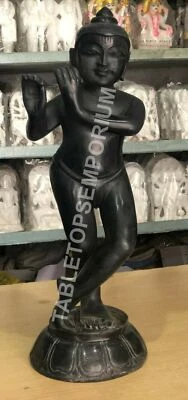 Estatua de Krishna de mármol negro de 15" hecha a mano arte escultura religiosa decoración E1478 Foto 1 de 4