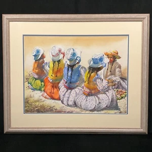 Vintage Framed Original Watercolor Painting "Girls Harvesting" By Monica Calla - Picture 1 of 10