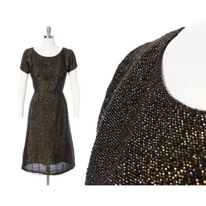 Vintage 1960s Party Dress 60s Metallic Gold Lurex Black Wiggle Holiday Cocktail - Picture 1 of 8