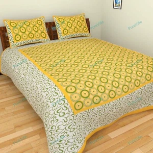 Attartive Desgin 2 Kaam Pure Cotton Yellow Double Bed Sheet With Pillow Cover - Picture 1 of 8