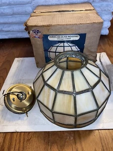 Vintage Glass Tiffany Style Leaded Stained Glass Lamp Round Shade Opened Box NOS - Picture 1 of 12