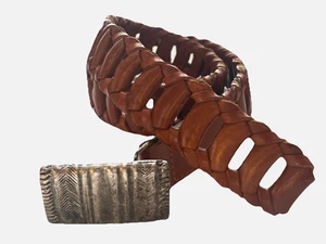 Cinturón Mujer Tejido Abierto Trenzado Vintage Boho Marrón Cuero Hebilla Plateada Western - Imagen 1 de 8