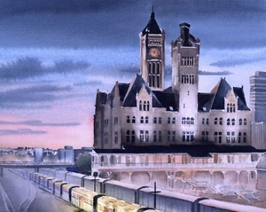 Union Station Nashville Yards Tenn. Sunset, trains. James Mann landscape prints - Picture 1 of 4