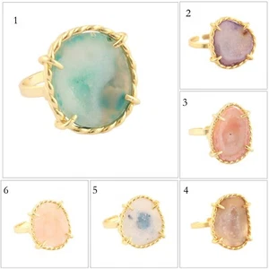 Colorful Natural Geode Druzy Gold Plated Statement Adjustable Rings Gift For Her - Picture 1 of 21