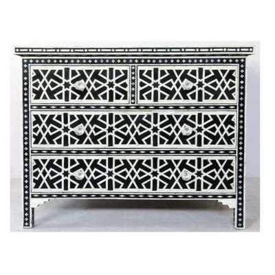 Handcrafted Stunning Black & White Bone Inlay Chest of 4 Drawers | Black Dresser - Image 1 of 4