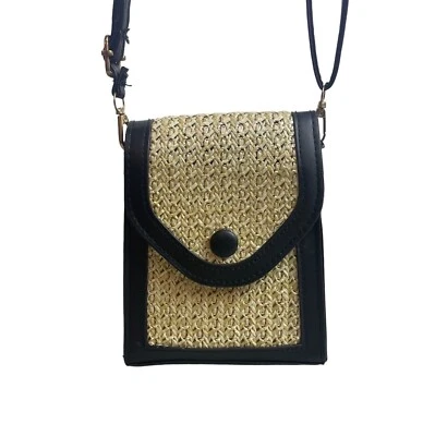Women's Black & Beige Woven Straw Crossbody Shoulder Bag Sz S - Image 1 of 4