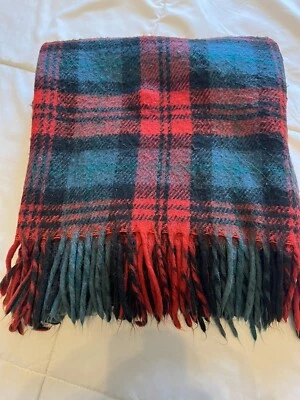 Soft Woolen Stadium Blanket Red & Teal Plaid Fringed 54” Foto 1 de 3