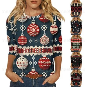 Womens 3/4 Sleeve Christmas Round Neck Printed Loose Tops T Shirt Casual Xmas ๐ - Picture 1 of 30