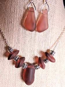 AMETHYST Sea Glass cultured Beach glass SET  boho SEA  GLASS 18+2" w earrings - Picture 1 of 5