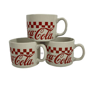Set 3 Vintage 1996 Coca Cola Gibson Red + Black Checkered Large Soup Coffee Mugs