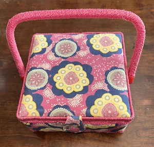Vtg Fabric Covered Sewing Box Basket Square Blue w/Pink Floral Padded - Picture 1 of 12