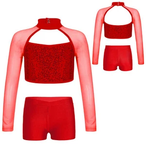 Kids Girls Tracksuit Modern Crop Top With Shorts Active Outfit Figure Skating - Picture 1 of 46