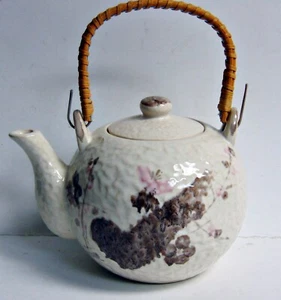 Vintage Ceramic Teapot - Hand Painted Bamboo Handle - Japan Floral - Picture 1 of 5