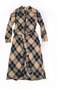 H&M Navy Blue Beige Tan Check Dress 8 Plaid Midi Belted Chic Luxe Preppy - Picture 1 of 8