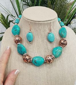 Chunky Freeform Turquoise Crystal and Copper Bead Necklace and Earring Set