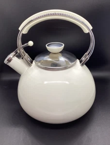 Whistling Tea Kettle with Cream Colored Enamel Coating & Stainless Steel - Picture 1 of 15
