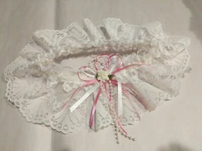 Custom Bridal Wedding Garter Handmade White Lace Pink Ribbon Bride  - Image 1 of 4