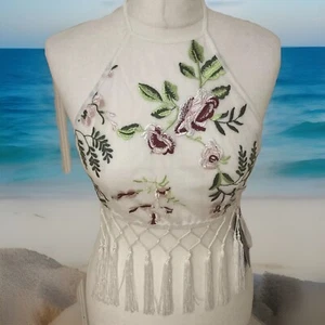 NAANAA White Floral Fringe Festival Top UK 6 Open Back Sheer Overlay Bikini Crop - Picture 1 of 16
