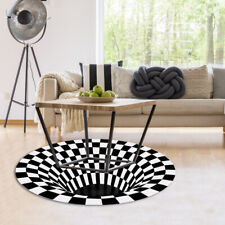 Round Black White Grid Carpet 3D Vortex Room Bedroom Anti Slip Floor Mats Hom TT