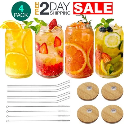 Vasos de 16 OZ tazas de vidrio con tapas y pajitas paquete de 4 para agua café helado té Foto 1 de 4