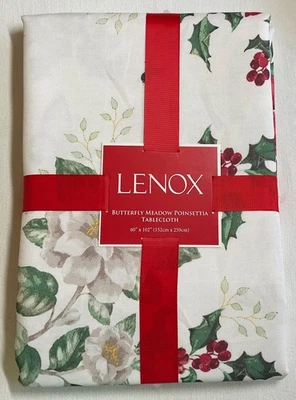 LENOX TABLECLOTH TABLECLOTH 60 X 102 BUTTERFLY MEADOW POINSETTIA RED GREEN NIP - Image 1 of 3