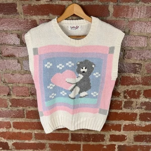 Vintage Licorice Sweater Vest Womens Small Ivory Teddy Heart Cute Korea 90s - Picture 1 of 5