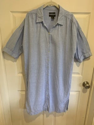 TAHARI Women’s Button-Up Short-Sleeved Shirt Dress 100% LINEN  Blue Size Large L - Image 1 of 4