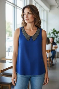 Kirra Gr. M ärmellose Pullover Bluse mit V-Ausschnitt, blau, Perlen. NS-28 - Bild 1 von 11