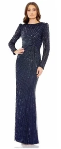 Mac Duggal Sz 8 Beaded Embellished Puff Sleeve Side Knot Maxi Gown Navy Blue - Picture 1 of 10