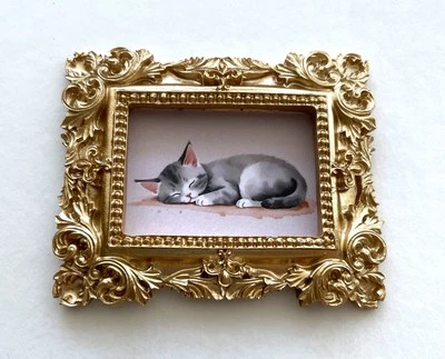 Sleeping Cat Framed Tiny Miniature Mini ART PRINT Gold Ornate Frame NOT ACEO - Image 1 of 4