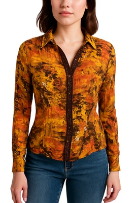 Violet & Claire Womens XL Autumn Abstract Crinkle Beaded Button Front Blouse - Image 1 of 4